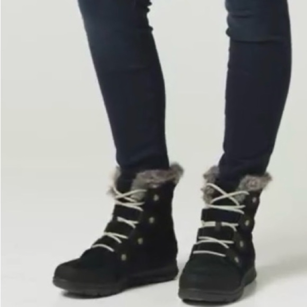 Sorel Explorer Joan Black Waterproof Winter Boots with Gray Faux Fur